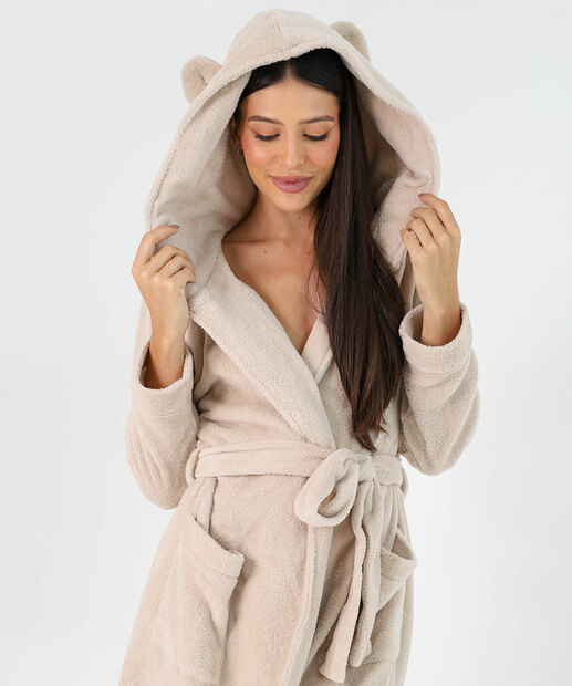 Roupão Feminino Plush Capuz Manga Longa Marisa Bege