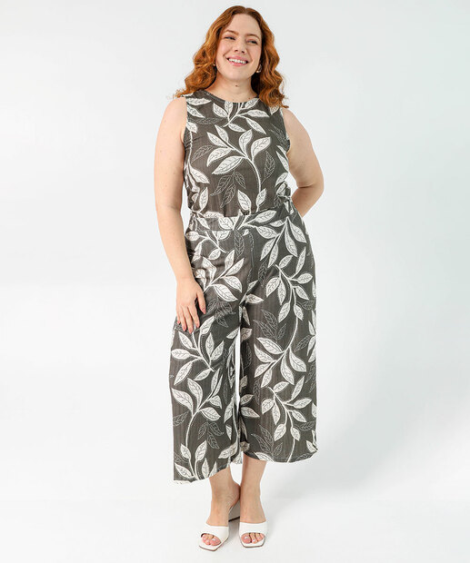 Image_Calça Plus Size Feminina Pantacourt Estampa Folhas Marisa Verde