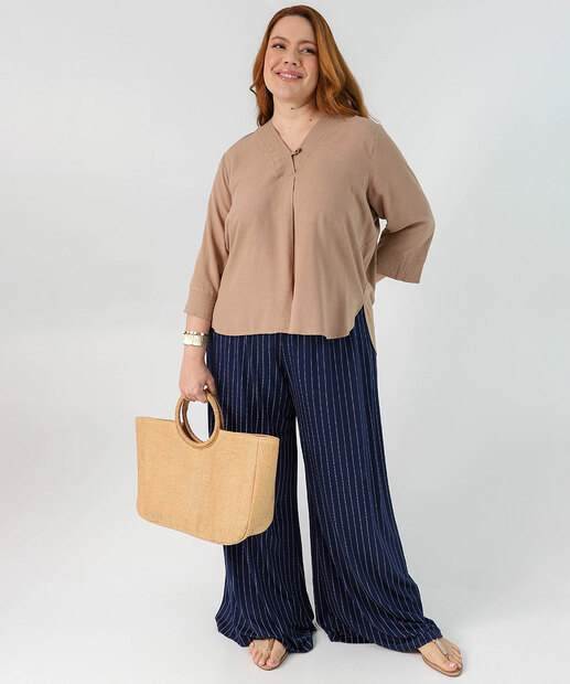 Blusa Plus Size Feminina Manga 7/8 Marisa Bege