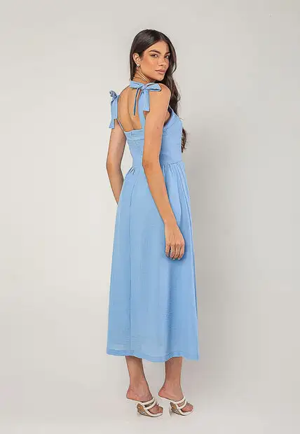 Vestido Alfaiataria Midi Com Alças Largas e Amarração Azul Salvatore