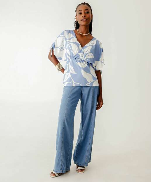 Blusa Manga Curta Estampa Feminina Marisa Azul