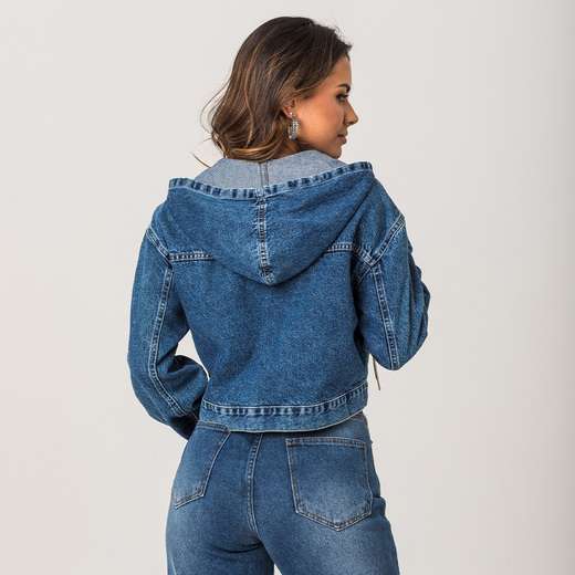 Jaqueta Jeans Cropped Capuz Feminina Zune