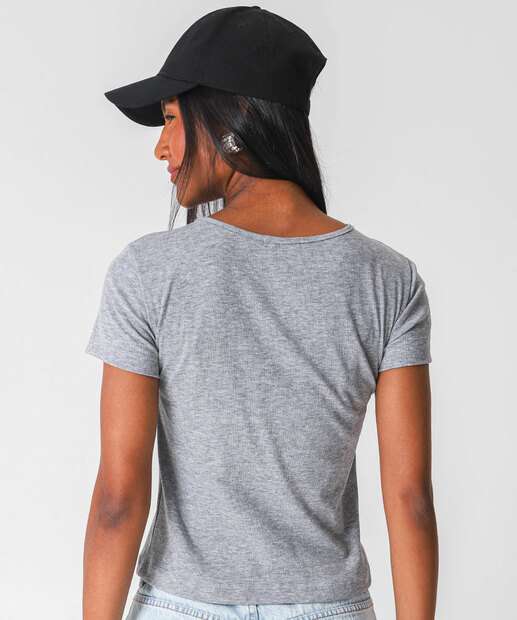 Blusa Feminina Canelada Mecla Manga Curta Marisa Cinza