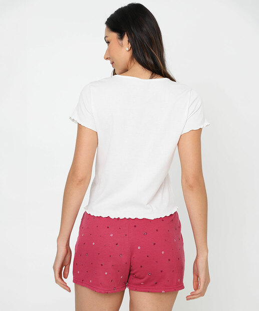Pijama Feminino Canelado Flores Manga Curta Marisa Off White