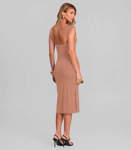 Vestido Midi Feminino Decote Canoa Dianna Marrom