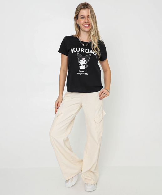 Blusa Feminina Estampa Frontal Kuromi Sanrio Preto