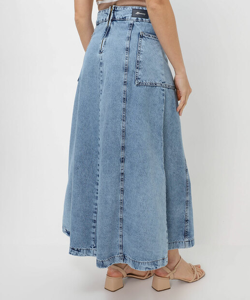 Saia Midi Jeans Evasê Feminina Bolsos Marisa Azul