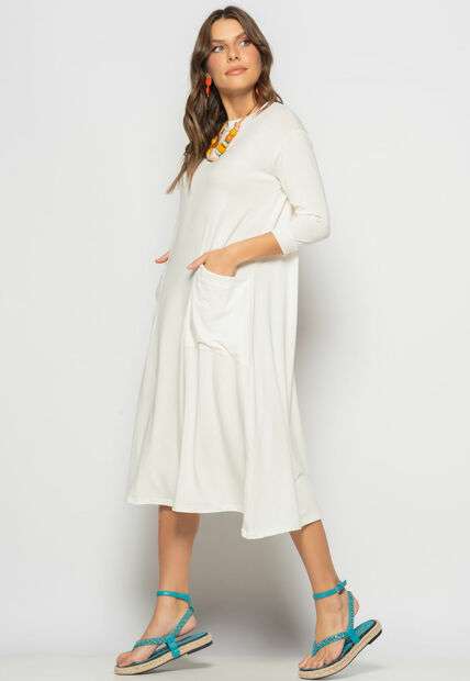 Vestido Midi Com Bolsos E Manga 7/8 Marfim Salvatore