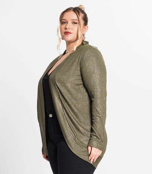 Cardigan Plus Size Em Ribana Canelada Secret Glam Verde