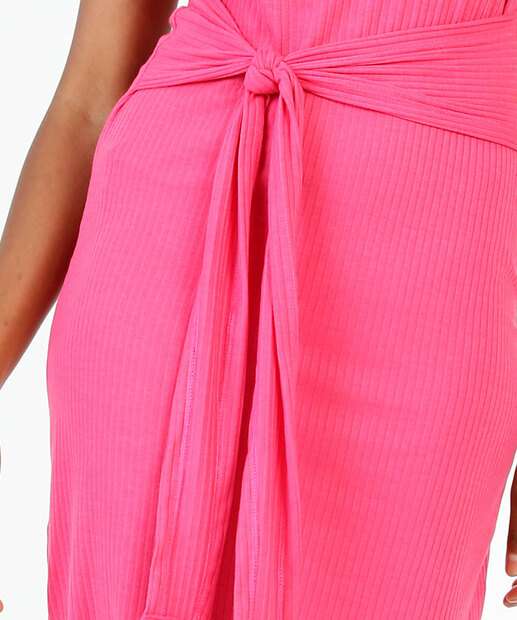 Vestido Midi Feminino Canelado Fenda Amarração 