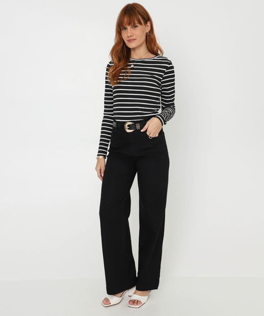 Blusa Feminina Canelada Listrada Manga Longa Marisa Preto