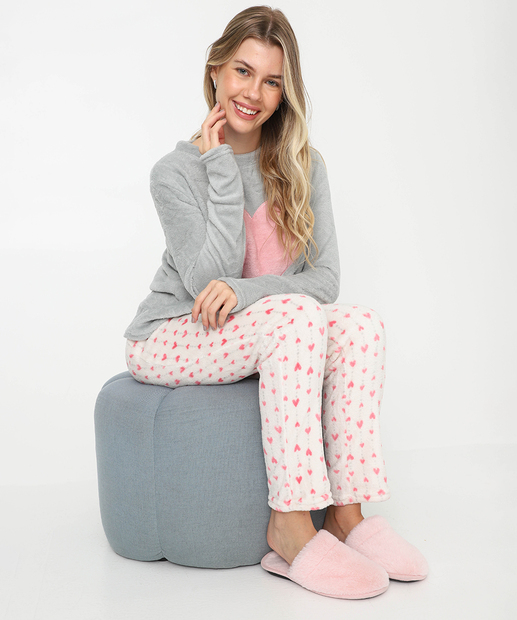 Pijama Feminino Plush Estampa Coração Marisa Cinza