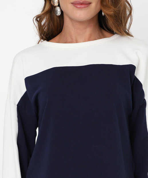 Blusa Feminina Moletinho Bicolor Manga Longa Marisa Azul