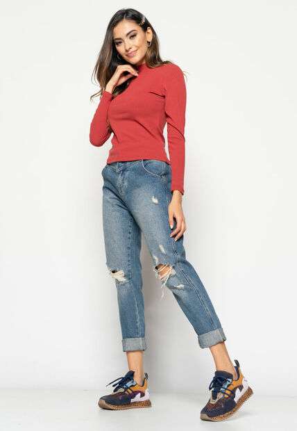 Blusa  Gola Alta Manga Longa Malha Canelada Terracota