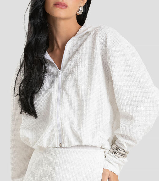 Jaqueta Feminina Cropped Em Tweed Dianna Branco