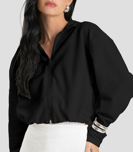 Jaqueta Feminina Cropped Em Tweed Dianna Preto