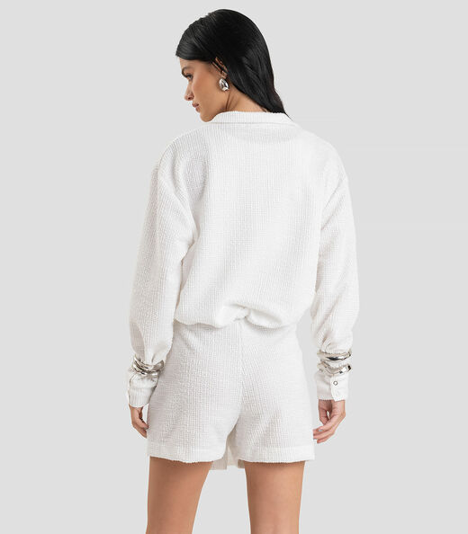 Jaqueta Feminina Cropped Em Tweed Dianna Branco