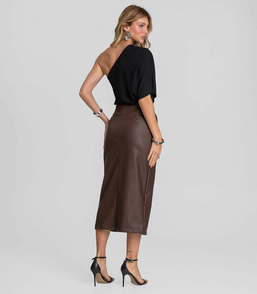 Saia Midi Feminina Courino Com Fenda Dianna Marrom