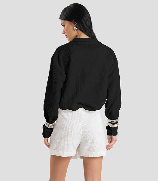 Jaqueta Feminina Cropped Em Tweed Dianna Preto